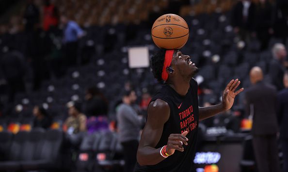 TORONTO, ON- NOVEMBER 15  - Toronto Raptors forward Pascal Siakam (43) juggles the ball soccer style during warm-ups as the Toronto Raptors fall to the Milwaukee Bucks 128-112 at Scotiabank Arena in Toronto. November 15, 2023.        (Steve Russell/Toronto Star via Getty Images)