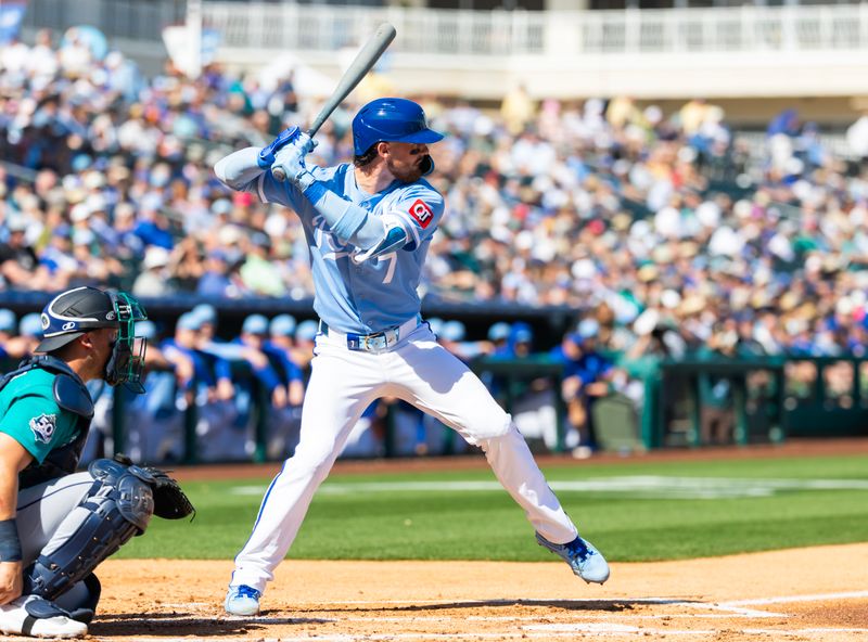 Feb 25, 2026; Surprise, Arizona, USA; Kansas City Royals shortstop Bobby Witt Jr. against the Seattle Mariners during a spring training game at Surprise Stadium. Mandatory Credit: Mark J. Rebilas-Imagn Images
