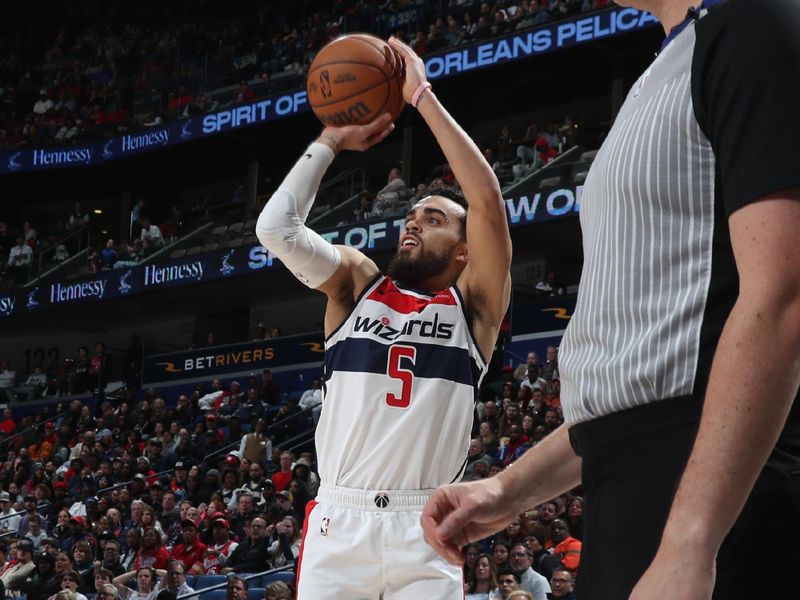 NEW ORLEANS, LA - FEBRUARY 14: Tyus Jones #5 of the Washington Wizards shoots the ball during the game against the New Orleans Pelicans on February 14, 2024 at the Smoothie King Center in New Orleans, Louisiana. NOTE TO USER: User expressly acknowledges and agrees that, by downloading and or using this Photograph, user is consenting to the terms and conditions of the Getty Images License Agreement. Mandatory Copyright Notice: Copyright 2024 NBAE (Photo by Layne Murdoch Jr./NBAE via Getty Images)