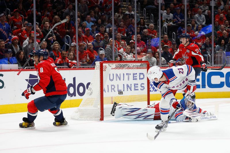 Oct 29, 2024; Washington, District of Columbia, USA; Washington Capitals left wing Alex Ovechkin (8) celebrates after scoring a goal on New York Rangers goaltender Igor Shesterkin (31) in the first period at Capital One Arena. Mandatory Credit: Geoff Burke-Imagn Images