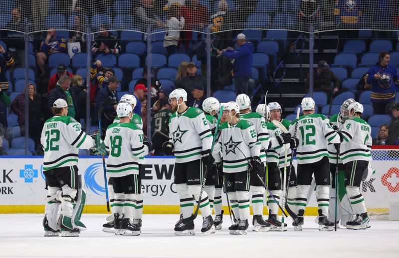 Mar 9, 2023; Buffalo, New York, USA;  The Dallas Stars celebrate a win against the Buffalo Sabres at KeyBank Center. Mandatory Credit: Timothy T. Ludwig-USA TODAY Sports