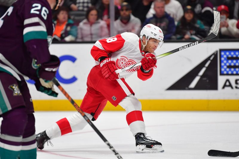 Jan 7, 2024; Anaheim, California, USA; Detroit Red Wings right wing Patrick Kane (88) shoots on goal against the Anaheim Ducks during the first period at Honda Center. Mandatory Credit: Gary A. Vasquez-USA TODAY Sports