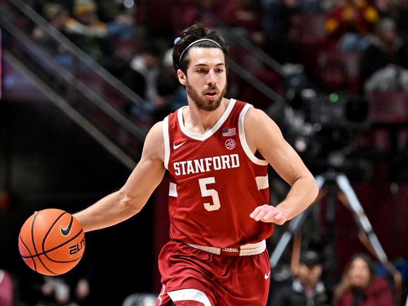 Jan 31, 2026; Tallahassee, Florida, USA; Stanford Cardinal guard Benny Gealer (5) during the first half of the game against the Florida State Seminoles at Donald L. Tucker Center. Mandatory Credit: Melina Myers-Imagn Images