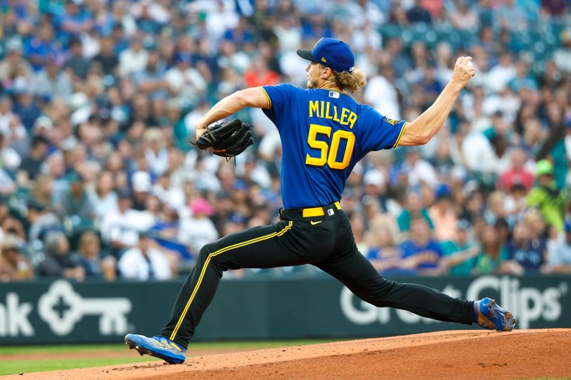 Aug 25, 2023; Seattle, Washington, USA; Seattle Mariners starting pitcher Bryce Miller (50) throw against the Kansas City Royals during the first inning at T-Mobile Park. Mandatory Credit: Joe Nicholson-USA TODAY Sports