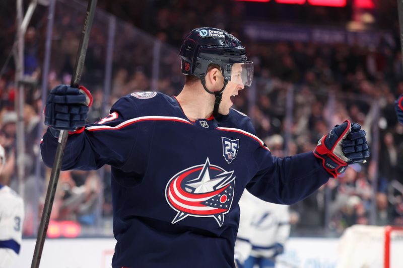Jan 24, 2026; Columbus, Ohio, USA;  Columbus Blue Jackets center Charlie Coyle (3) celebrates his goal during the second period against the Tampa Bay Lightning at Nationwide Arena. Mandatory Credit: Joseph Maiorana-Imagn Images