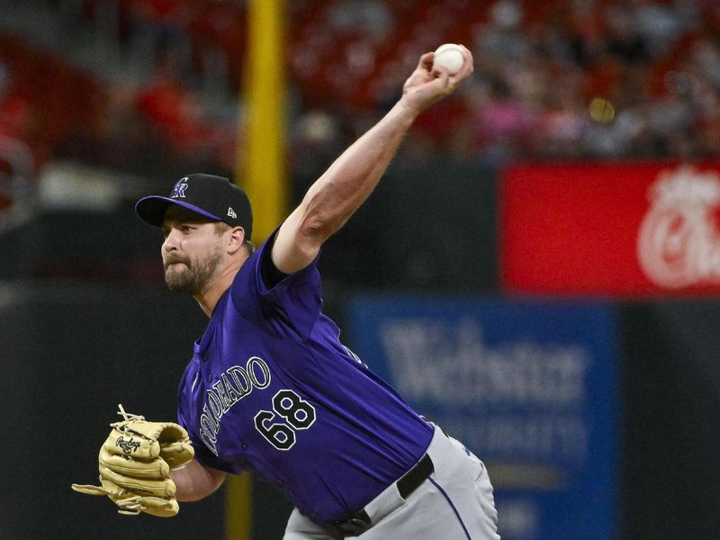 Jun 6, 2024; St. Louis, Missouri, USA;  Colorado Rockies relief pitcher Jalen Beeks (68) pitches against the St. Louis Cardinals during the eighth inning at Busch Stadium. Mandatory Credit: Jeff Curry-USA TODAY Sports