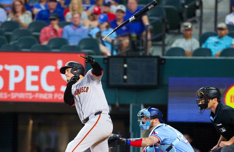 Jun 9, 2024; Arlington, Texas, USA; San Francisco Giants designated hitter Wilmer Flores (41) breaks his bat during the first inning against the San Francisco Giants at Globe Life Field. Mandatory Credit: Kevin Jairaj-USA TODAY Sports