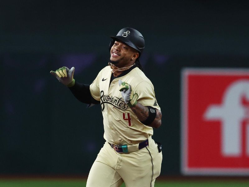 Jun 25, 2024; Phoenix, Arizona, USA; Arizona Diamondbacks infielder Ketel Marte celebrates after hitting a two run home run in the first inning against the Minnesota Twins at Chase Field. Mandatory Credit: Mark J. Rebilas-USA TODAY Sports