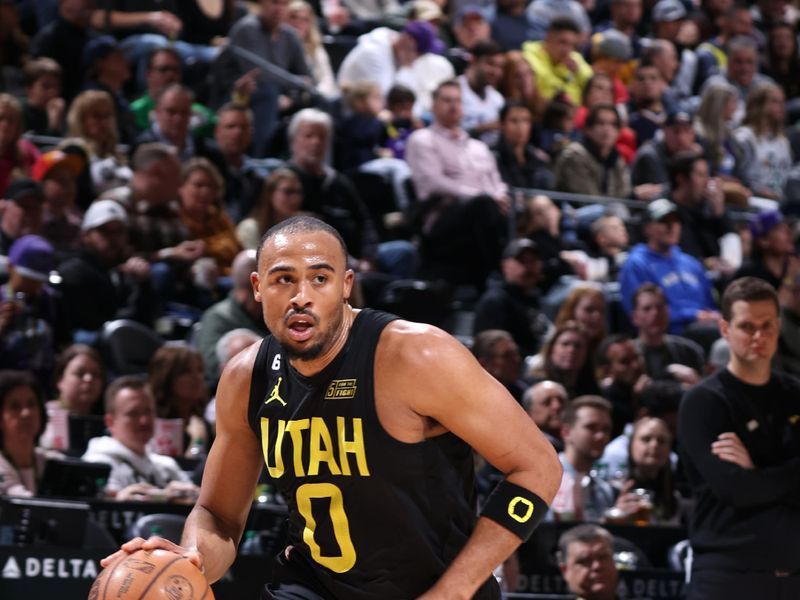 SALT LAKE CITY, UT - MARCH 24: Talen Horton-Tucker #0 of the Utah Jazz moves the ball during the game against the Milwaukee Bucks on March 24, 2023 at vivint.SmartHome Arena in Salt Lake City, Utah. NOTE TO USER: User expressly acknowledges and agrees that, by downloading and or using this Photograph, User is consenting to the terms and conditions of the Getty Images License Agreement. Mandatory Copyright Notice: Copyright 2023 NBAE (Photo by Melissa Majchrzak/NBAE via Getty Images)