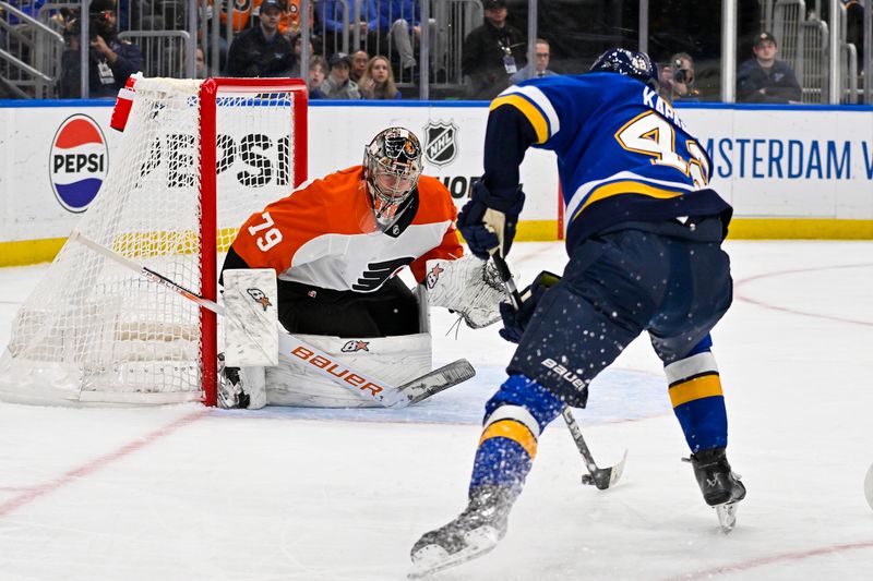 Jan 15, 2024; St. Louis, Missouri, USA;  Philadelphia Flyers goaltender Carter Hart (79) defends the net against St. Louis Blues right wing Kasperi Kapanen (42) during the second period at Enterprise Center. Mandatory Credit: Jeff Curry-USA TODAY Sports