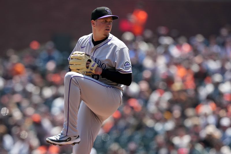 May 3, 2025; San Francisco, California, USA; Colorado Rockies starting pitcher Bradley Blalock (64) throws a pitch against the San Francisco Giants during the first inning at Oracle Park. Mandatory Credit: Darren Yamashita-Imagn Images
