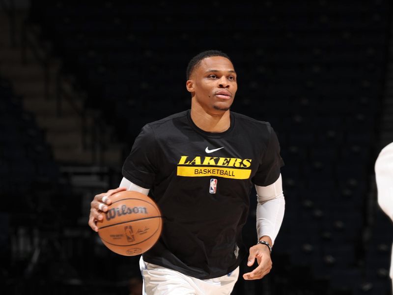 MINNEAPOLIS, MN -  OCTOBER 28: Russell Westbrook #0 of the Los Angeles Lakers warms up before the game against the Minnesota Timberwolves on October 28, 2022 at Target Center in Minneapolis, Minnesota. NOTE TO USER: User expressly acknowledges and agrees that, by downloading and or using this Photograph, user is consenting to the terms and conditions of the Getty Images License Agreement. Mandatory Copyright Notice: Copyright 2022 NBAE (Photo by David Sherman/NBAE via Getty Images)