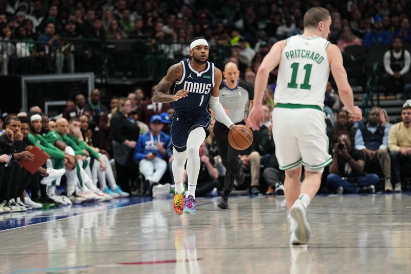 DALLAS, TX - JANUARY 22: Jaden Hardy #1 of the Dallas Mavericks brings the ball up court against the Boston Celtics on January 22, 2024 at the American Airlines Center in Dallas, Texas. NOTE TO USER: User expressly acknowledges and agrees that, by downloading and or using this photograph, User is consenting to the terms and conditions of the Getty Images License Agreement. Mandatory Copyright Notice: Copyright 2024 NBAE (Photo by Glenn James/NBAE via Getty Images)