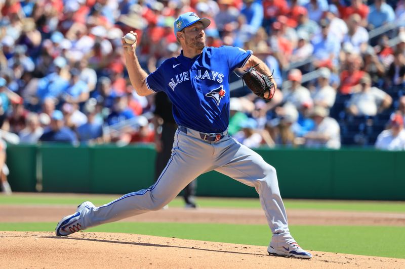 Mar 7, 2026; Clearwater, Florida, USA;  Toronto Blue Jays staring pitcher Max Scherzer (31) throws a pitch during the first inning against the Philadelphia Phillies at BayCare Ballpark. Mandatory Credit: Kim Klement Neitzel-Imagn Images
