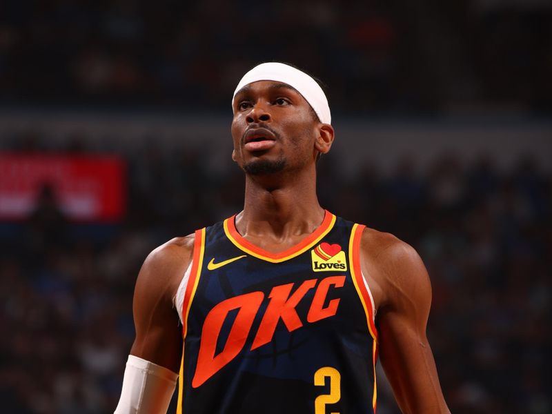 OKLAHOMA CITY, OK - APRIL 14: Shai Gilgeous-Alexander #2 of the Oklahoma City Thunder shoots a free throw during the game against the Dallas Mavericks  on April 14, 2024 at Paycom Arena in Oklahoma City, Oklahoma. NOTE TO USER: User expressly acknowledges and agrees that, by downloading and or using this photograph, User is consenting to the terms and conditions of the Getty Images License Agreement. Mandatory Copyright Notice: Copyright 2024 NBAE (Photo by Zach Beeker/NBAE via Getty Images)