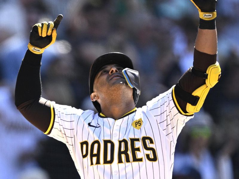 Jun 12, 2024; San Diego, California, USA; San Diego Padres third baseman Donovan Solano (39) celebrates after hitting a two-run home run against the Oakland Athletics during the eighth inning at Petco Park. Mandatory Credit: Orlando Ramirez-USA TODAY Sports