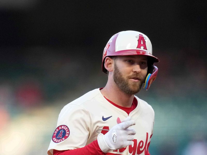 May 8, 2025; Anaheim, California, USA; Los Angeles Angels left fielder Taylor Ward (3) gestures after hitting a two-run home run in the first inning against the Toronto Blue Jays at Angel Stadium. Mandatory Credit: Kirby Lee-Imagn Images