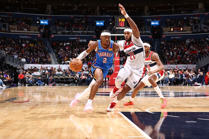 WASHINGTON, DC -? JANUARY 8: Shai Gilgeous-Alexander #2 of the Oklahoma City Thunder dribbles the ball during the game against the Washington Wizards on January 8, 2024 at Capital One Arena in Washington, DC. NOTE TO USER: User expressly acknowledges and agrees that, by downloading and or using this Photograph, user is consenting to the terms and conditions of the Getty Images License Agreement. Mandatory Copyright Notice: Copyright 2024 NBAE (Photo by Kenny Giarla/NBAE via Getty Images)