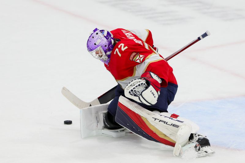 Nov 22, 2023; Sunrise, Florida, USA; Florida Panthers goaltender Sergei Bobrovsky (72) makes a save against the Boston Bruins during the third period at Amerant Bank Arena. Mandatory Credit: Sam Navarro-USA TODAY Sports