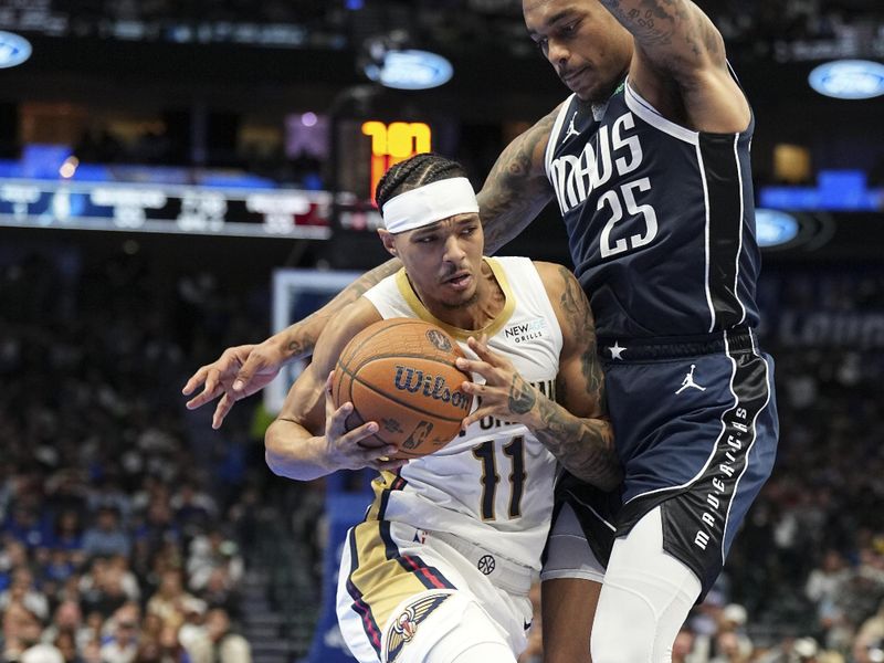 DALLAS, TX - November 19: Brandon Boston Jr. #11 of the New Orleans Pelicans drives to the basket during the NBA Cup game against the Dallas Mavericks on November 19, 2024 at American Airlines Center in Dallas, Texas. NOTE TO USER: User expressly acknowledges and agrees that, by downloading and or using this photograph, User is consenting to the terms and conditions of the Getty Images License Agreement. Mandatory Copyright Notice: Copyright 2024 NBAE (Photo by Glenn James/NBAE via Getty Images)