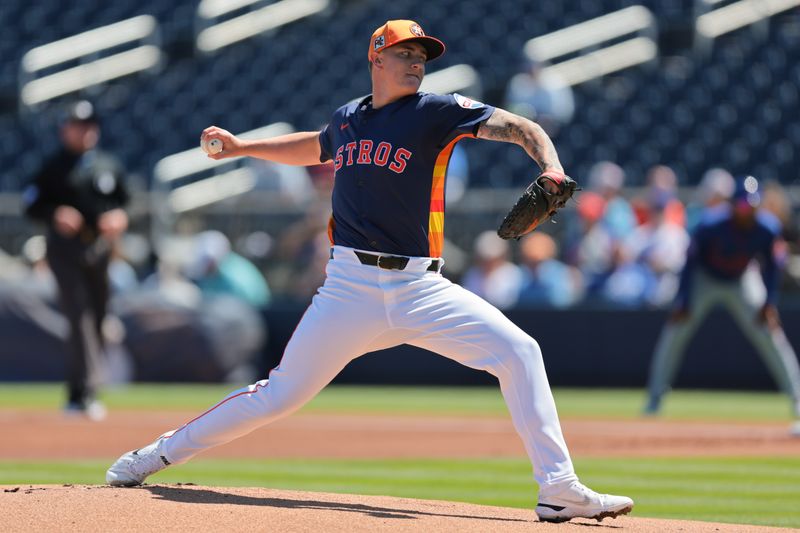 Mar 11, 2025; West Palm Beach, Florida, USA; Houston Astros starting pitcher Hunter Brown (58) delivers a pitch against the New York Mets during the first inning at CACTI Park of the Palm Beaches. Mandatory Credit: Sam Navarro-Imagn Images