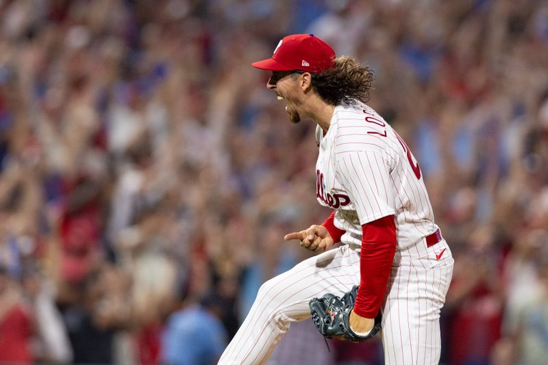 Aug 9, 2023; Philadelphia, Pennsylvania, USA; Philadelphia Phillies starting pitcher Michael Lorenzen (22) reacts after pitching a no hitter for a victory against the Washington Nationals at Citizens Bank Park. Mandatory Credit: Bill Streicher-USA TODAY Sports