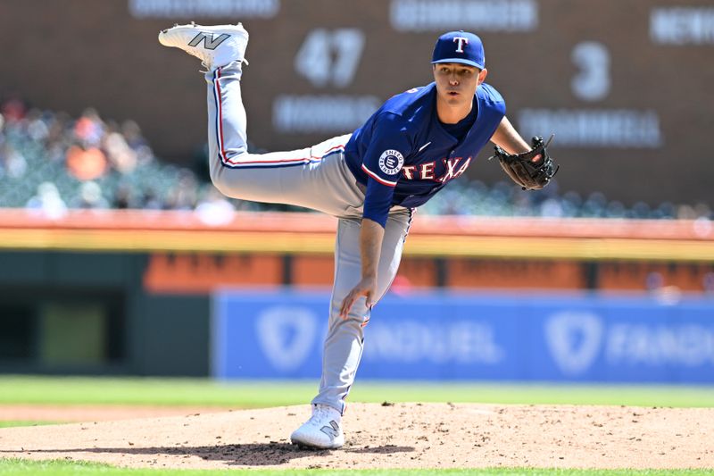 Apr 18, 2024; Detroit, Michigan, USA;  Texas Rangers starting pitcher Jack Leiter (35)
 throws a pitch against the Detroit Tigers in the second inning at Comerica Park. Mandatory Credit: Lon Horwedel-USA TODAY Sports