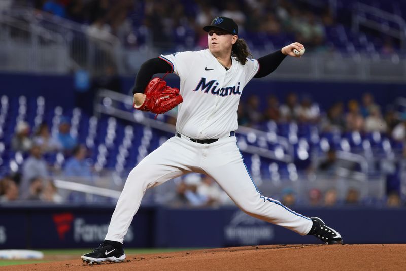 May 20, 2024; Miami, Florida, USA; Miami Marlins starting pitcher Ryan Weathers (60) delivers a pitch against the Milwaukee Brewers during the first inning at loanDepot Park. Mandatory Credit: Sam Navarro-USA TODAY Sports