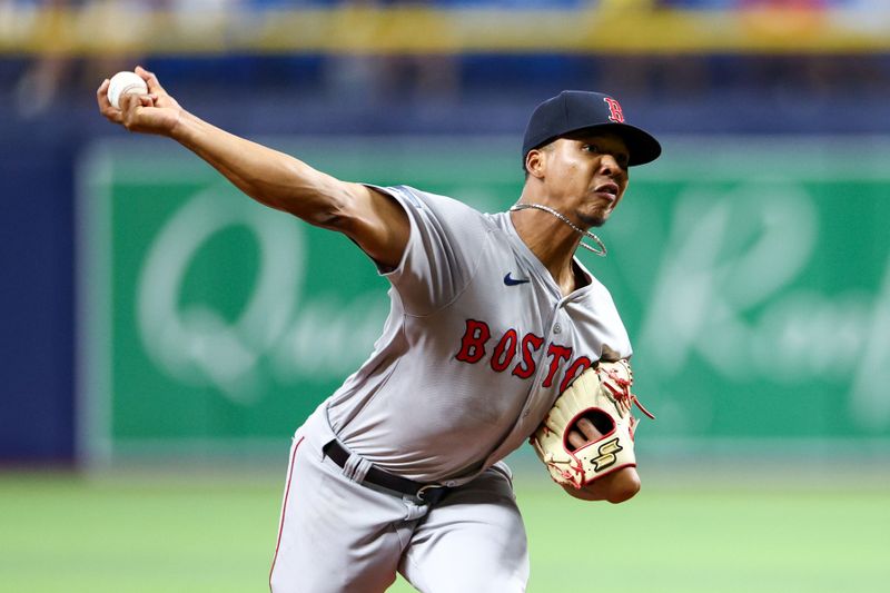 Sep 19, 2024; St. Petersburg, Florida, USA; Boston Red Sox pitcher Brayan Bello (66) throws a pitch against the Tampa Bay Rays in the second inning at Tropicana Field. Mandatory Credit: Nathan Ray Seebeck-Imagn Images