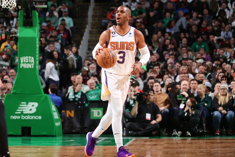 BOSTON, MA - FEBRUARY 3: Chris Paul #3 of the Phoenix Suns dribbles the ball during the game against the Boston Celtics on February 3, 2023 at TD Garden in Boston, Massachusetts.  NOTE TO USER: User expressly acknowledges and agrees that, by downloading and or using this photograph, User is consenting to the terms and conditions of the Getty Images License Agreement. Mandatory Copyright Notice: Copyright 2022 NBAE  (Photo by Nathaniel S. Butler/NBAE via Getty Images)