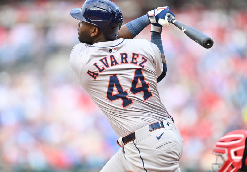 Aug 28, 2024; Philadelphia, Pennsylvania, USA; Houston Astros outfielder Yordan Alvarez (44) hits a two-run home run against the Philadelphia Phillies in the fourth inning at Citizens Bank Park. Mandatory Credit: Kyle Ross-USA TODAY Sports