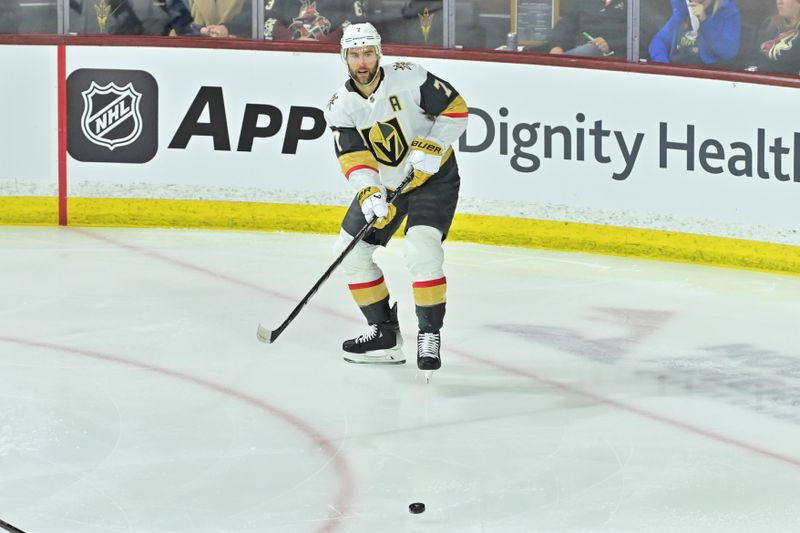 Feb 8, 2024; Tempe, Arizona, USA; Vegas Golden Knights defenseman Alex Pietrangelo (7) passes the puck in the first period against the Arizona Coyotes at Mullett Arena. Mandatory Credit: Matt Kartozian-USA TODAY Sports