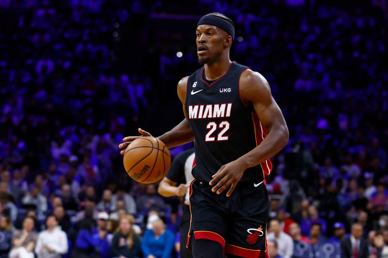 PHILADELPHIA, PA - APRIL 06: Jimmy Butler #22 of the Miami Heat in action against the Philadelphia 76ers during a game at Wells Fargo Center on April 6, 2023 in Philadelphia, Pennsylvania. The Heat defeated the 76ers 129-101. NOTE TO USER: User expressly acknowledges and agrees that, by downloading and or using this photograph, User is consenting to the terms and conditions of the Getty Images License Agreement. (Photo by Rich Schultz/Getty Images)