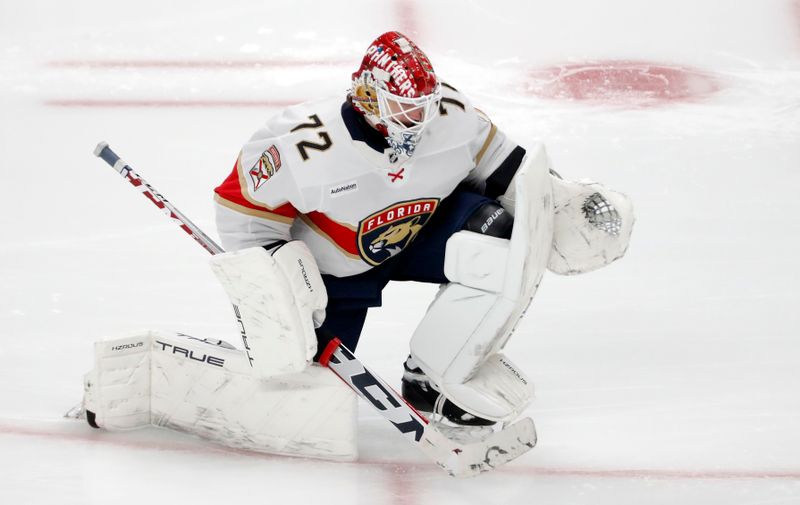 Feb 14, 2024; Pittsburgh, Pennsylvania, USA; Florida Panthers goaltender Sergei Bobrovsky (72) warms up before the game against the Pittsburgh Penguins at PPG Paints Arena. Mandatory Credit: Charles LeClaire-USA TODAY Sports
