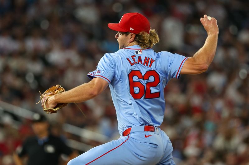 Aug 24, 2024; Minneapolis, Minnesota, USA; St. Louis Cardinals pitcher Kyle Leahy (62) delivers a pitch against the Minnesota Twins during the eighth inning at Target Field. Mandatory Credit: Matt Krohn-USA TODAY Sports