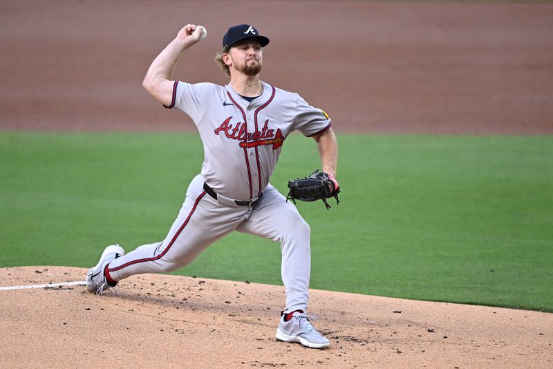 Jul 12, 2024; San Diego, California, USA; Atlanta Braves starting pitcher Spencer Schwellenbach (56) pitches against the San Diego Padres during the first inning at Petco Park. Mandatory Credit: Orlando Ramirez-USA TODAY Sports