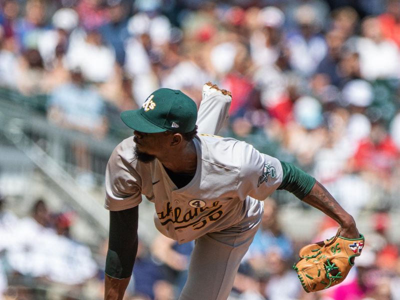 Jun 2, 2024; Cumberland, Georgia, USA;  Oakland Athletics pitcher Dany Jiménez (56) pitches the ball against the Atlanta Braves during the eighth inning at Truist Park. Mandatory Credit: Jordan Godfree-USA TODAY Sports