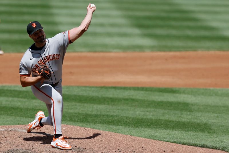 May 25, 2025; Washington, District of Columbia, USA; San Francisco Giants starting pitcher Robbie Ray (38) pitches against the Washington Nationals during the third inning at Nationals Park. Mandatory Credit: Geoff Burke-Imagn Images