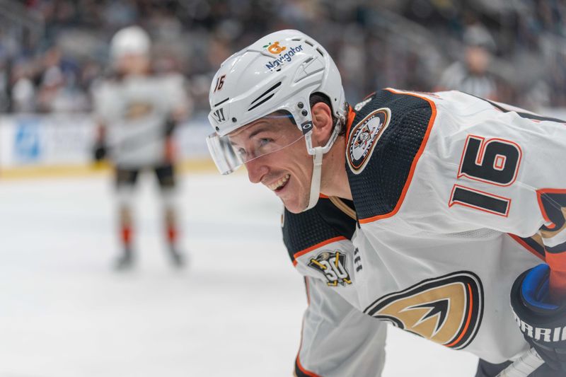 Feb 29, 2024; San Jose, California, USA; Anaheim Ducks center Ryan Strome (16) smiles during the third period against the San Jose Sharks at SAP Center at San Jose. Mandatory Credit: Stan Szeto-USA TODAY Sports