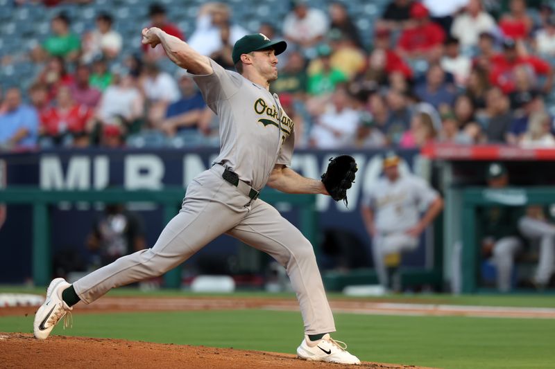 Jul 25, 2024; Anaheim, California, USA;  Oakland Athletics starting pitcher Ross Stripling (36) pitches during the second inning against the Los Angeles Angels at Angel Stadium. Mandatory Credit: Kiyoshi Mio-USA TODAY Sports