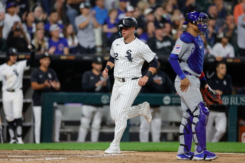 Aug 9, 2024; Chicago, Illinois, USA; Chicago White Sox outfielder Gavin Sheets (32) scores against the Chicago Cubs during the fourth inning at Guaranteed Rate Field. Mandatory Credit: Kamil Krzaczynski-USA TODAY Sports