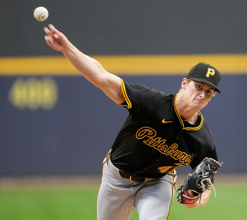 May 14, 2024; Milwaukee, Wisconsin, USA; Pittsburgh Pirates pitcher Quinn Priester (46) pitches during the first inning of their game against the Milwaukee Brewers at American Family Field. Mandatory Credit: Mark Hoffman-USA TODAY Sports