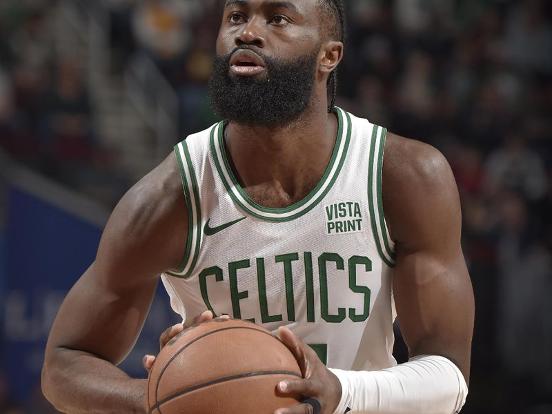 CLEVELAND, OH - MARCH 5: Jaylen Brown #7 of the Boston Celtics shoots a free throw during the game against the Cleveland Cavaliers on March 5, 2024 at Rocket Mortgage FieldHouse in Cleveland, Ohio. NOTE TO USER: User expressly acknowledges and agrees that, by downloading and/or using this Photograph, user is consenting to the terms and conditions of the Getty Images License Agreement. Mandatory Copyright Notice: Copyright 2024 NBAE (Photo by David Liam Kyle/NBAE via Getty Images)