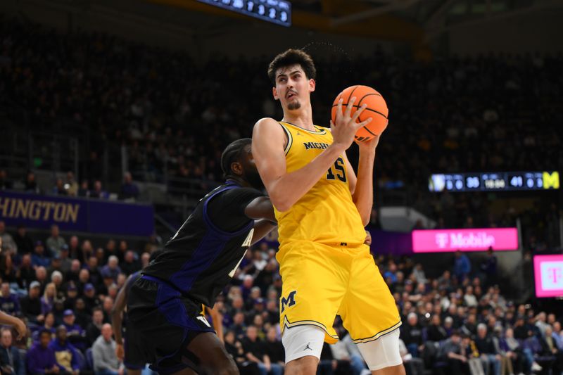 Jan 14, 2026; Seattle, Washington, USA; Michigan Wolverines center Aday Mara (15) rotates while guarded by Washington Huskies center Franck Kepnang (11) during the second half at Alaska Airlines Arena at Hec Edmundson Pavilion. Mandatory Credit: Steven Bisig-Imagn Images