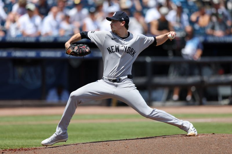 Apr 20, 2025; Tampa, Florida, USA; New York Yankees starting pitcher Max Fried (54) throws a pitch against the Tampa Bay Rays in the first inning at George M. Steinbrenner Field. Mandatory Credit: Nathan Ray Seebeck-Imagn Images