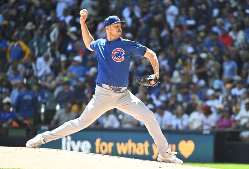 May 30, 2024; Milwaukee, Wisconsin, USA; Chicago Cubs starting pitcher Jameson Taillon (50) delivers a pitch against the Milwaukee Brewers in the sixth inning at American Family Field. Mandatory Credit: Michael McLoone-USA TODAY Sports