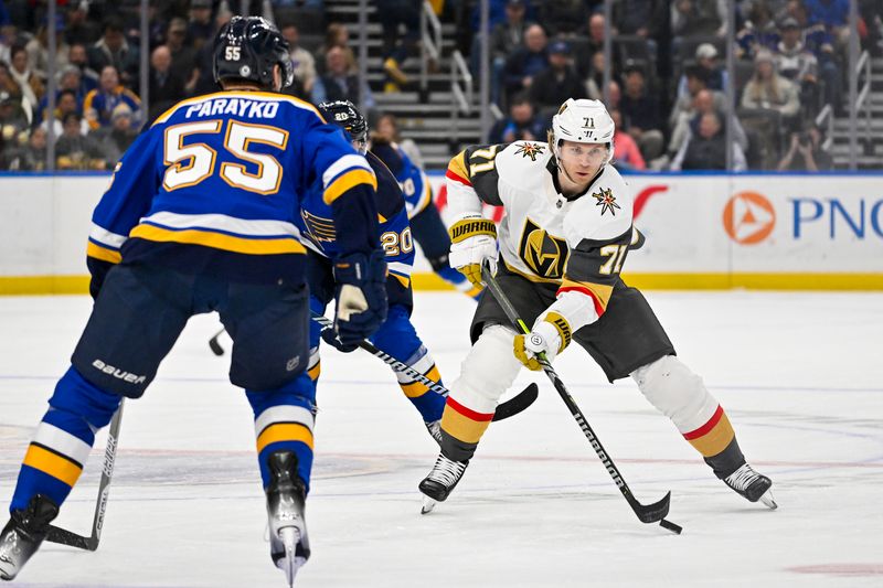 Dec 6, 2023; St. Louis, Missouri, USA;  Vegas Golden Knights center William Karlsson (71) controls the puck against the St. Louis Blues during the first period at Enterprise Center. Mandatory Credit: Jeff Curry-USA TODAY Sports