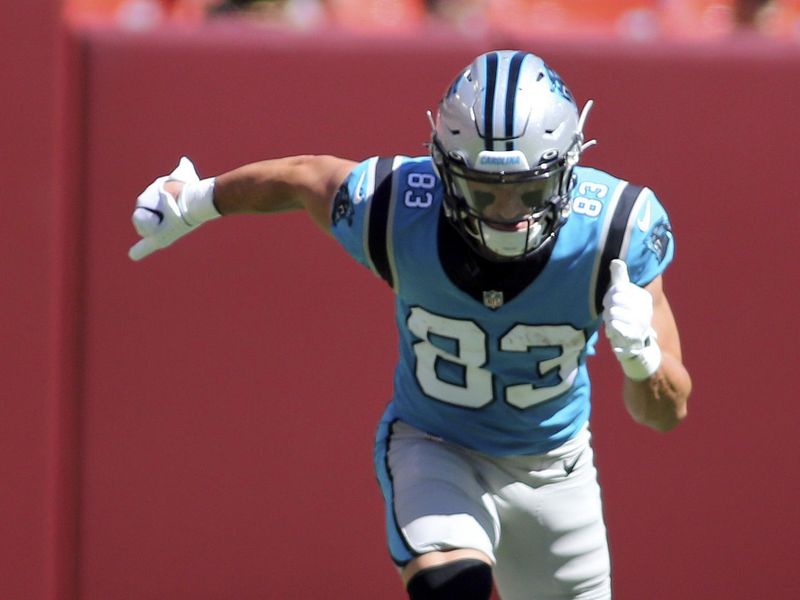 Carolina Panthers wide receiver Derek Wright (83) runs during an NFL football game against the Washington Commanders, Saturday, Aug. 13, 2022 in Landover. (AP Photo/Daniel Kucin Jr.)