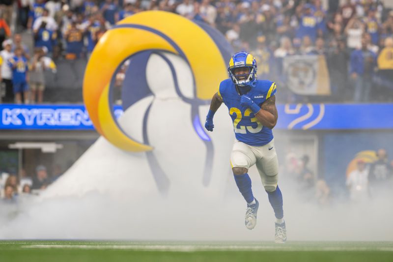 Los Angeles Rams running back Kyren Williams (23) takes the field before an NFL football game against the Washington Commanders, Sunday, Dec. 17, 2023, in Inglewood, Calif. (AP Photo/Kyusung Gong)