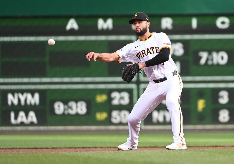 Aug 3, 2024; Pittsburgh, Pennsylvania, USA;  Pittsburgh Pirates second baseman Isiah Kiner-Falefa (7) relays the ball after an out in a game against the Arizona Diamondbacks at PNC Park. Mandatory Credit: Philip G. Pavely-USA TODAY Sports